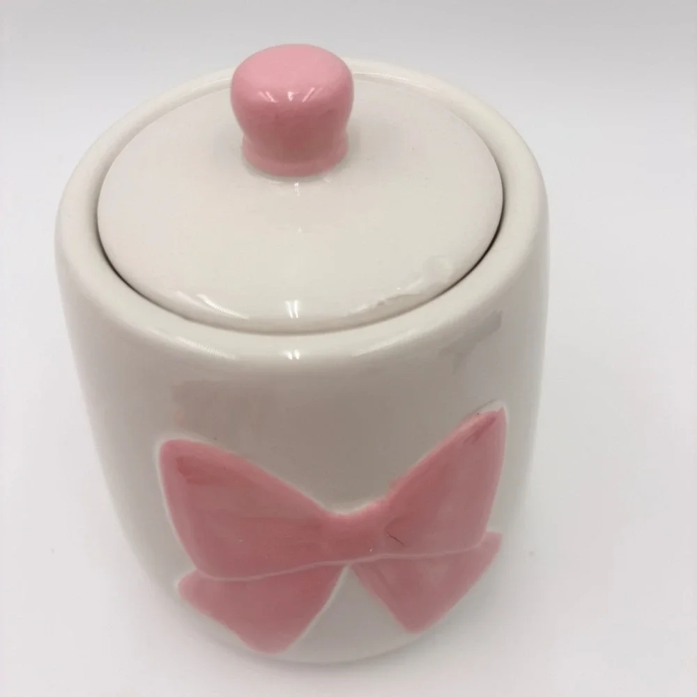White Ceramic Bow Canister Pink Embossed Ribbon Lid Jar Coquette‎ Decor